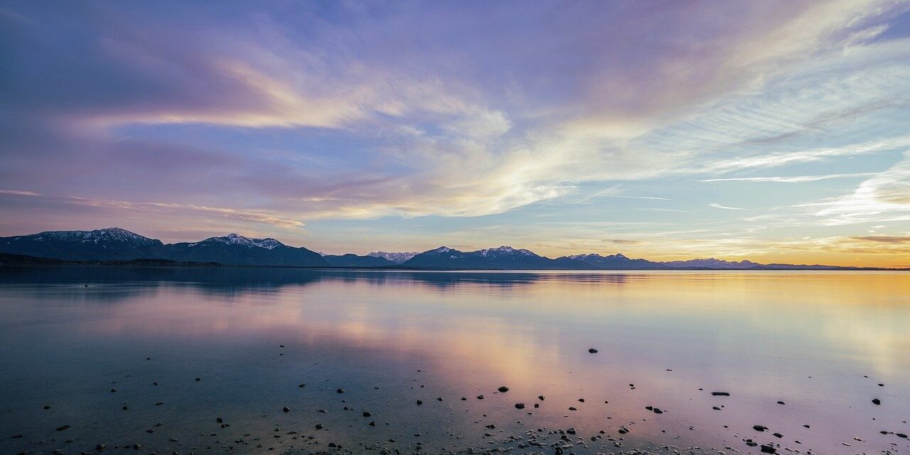 lake, sunset, mountains