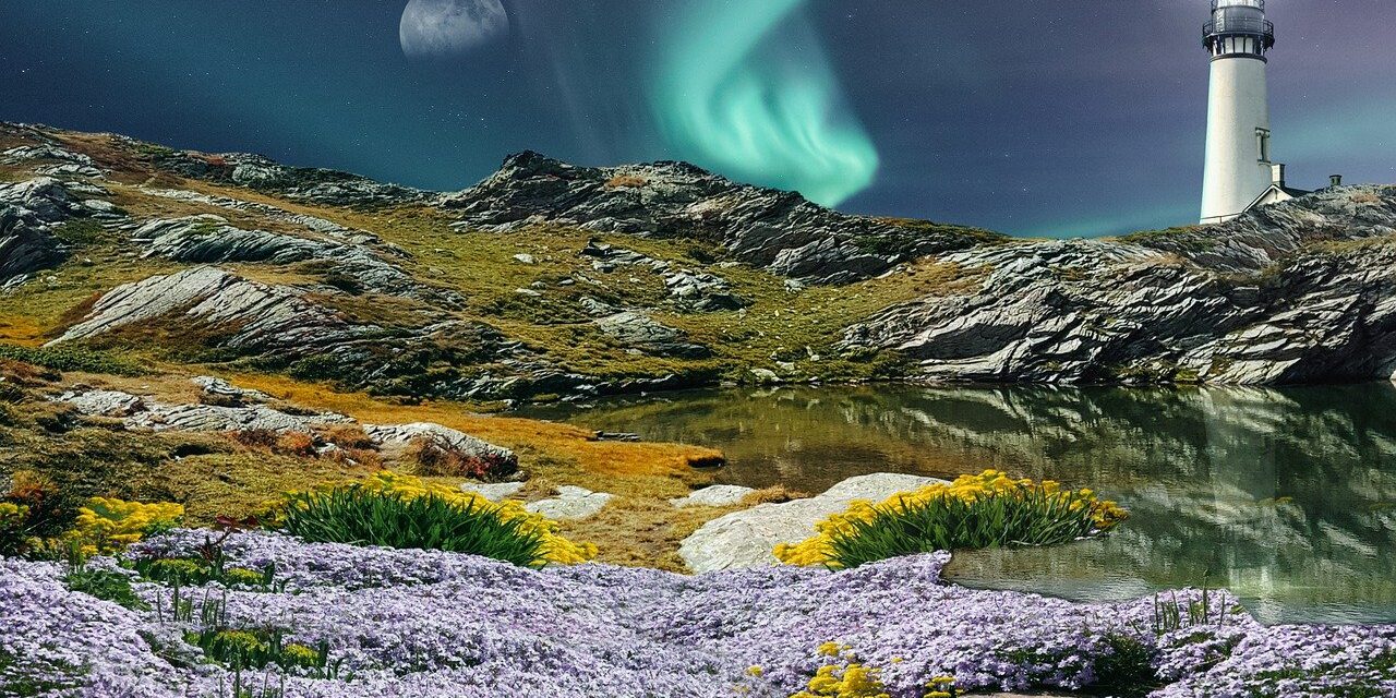 lighthouse, mountain, flowers