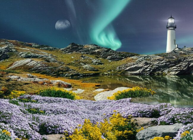 lighthouse, mountain, flowers
