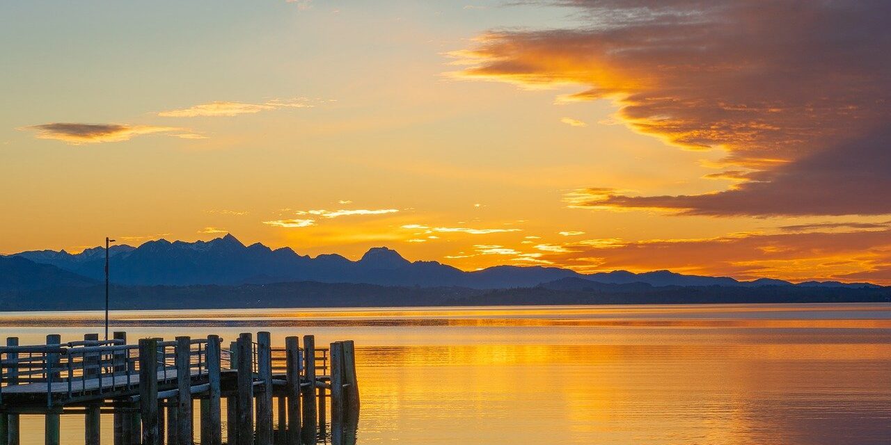 sunset, lake, mountains