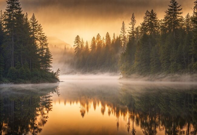 trees, lake, sunrise