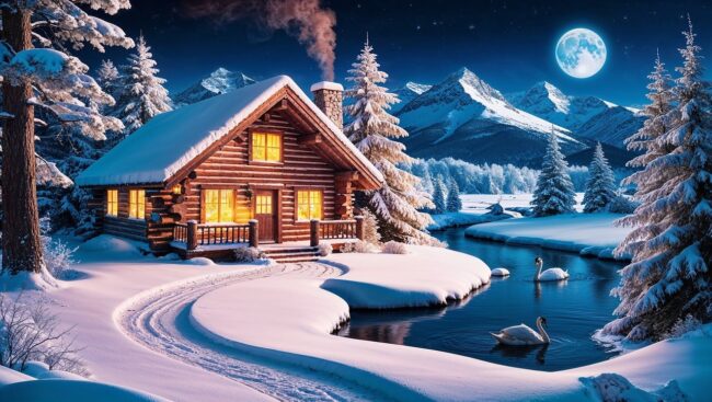 house, wooden hut, moon