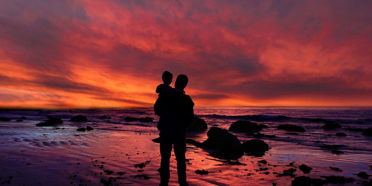 fantasy, love, sea, darling, clouds, nature, dad, child, rocks, beach, sunset