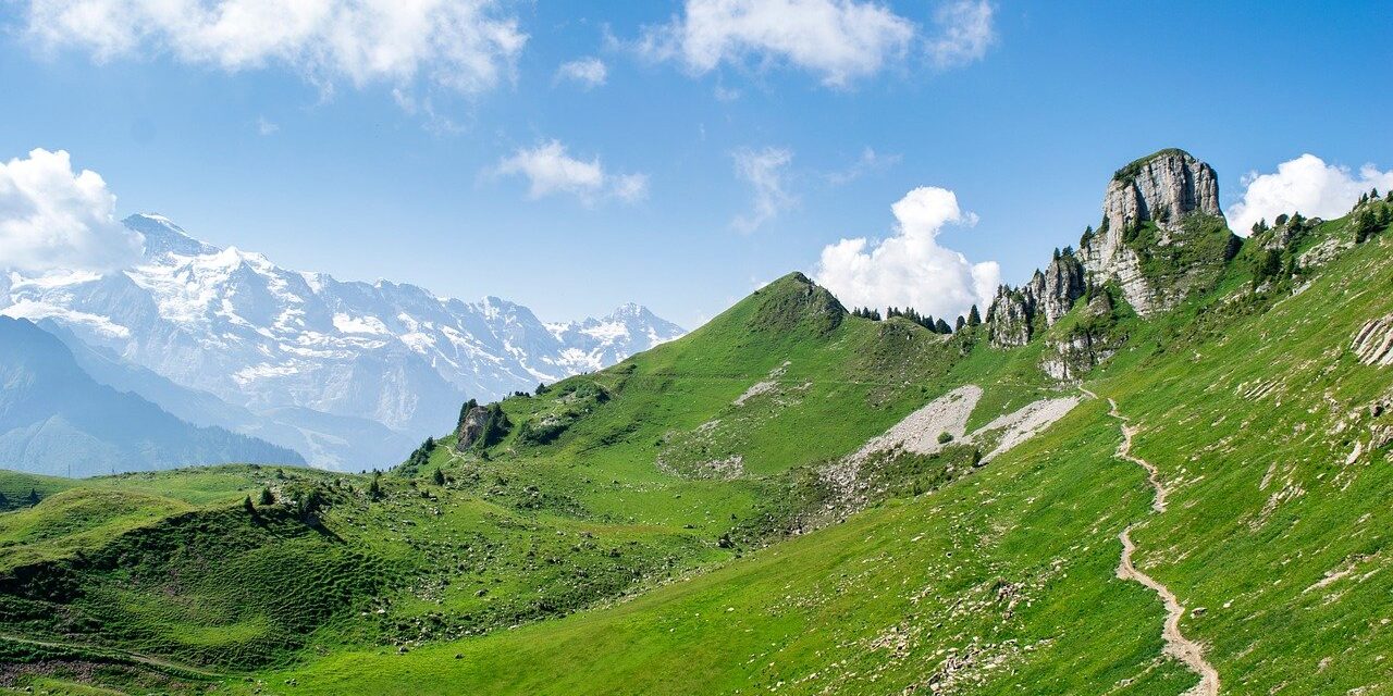 landscape, moutains, clouds, snow, switzerland, hiking, nature, meadow