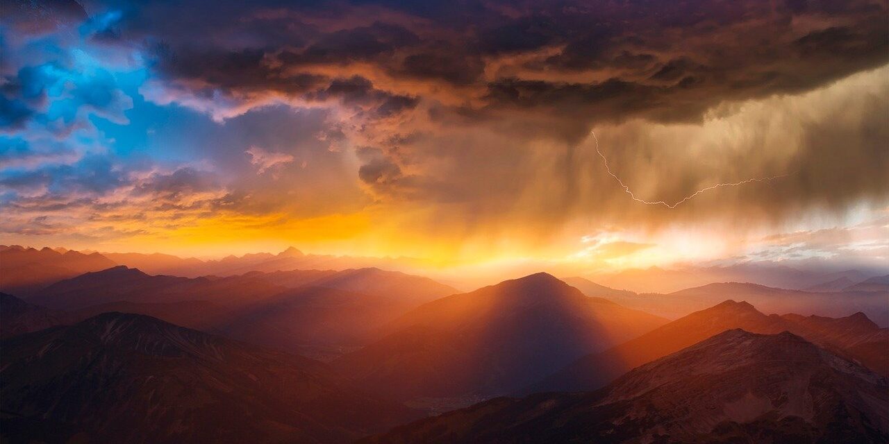 mountains, sunset, storm, weather, clouds, ray, darling, rain, lighting, nature, landscape