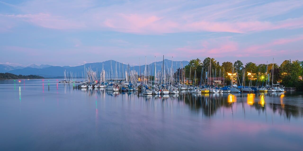 sunrise, dusk, morning light, lake, water, nature, reflection, clouds, the atmosphere, boat harbour, boats, port, chiemsee, bavaria