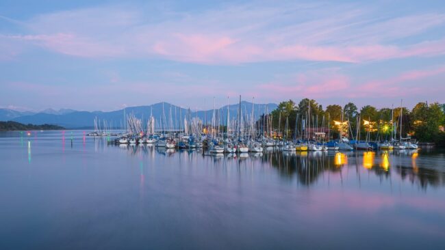 sunrise, dusk, morning light, lake, water, nature, reflection, clouds, the atmosphere, boat harbour, boats, port, chiemsee, bavaria