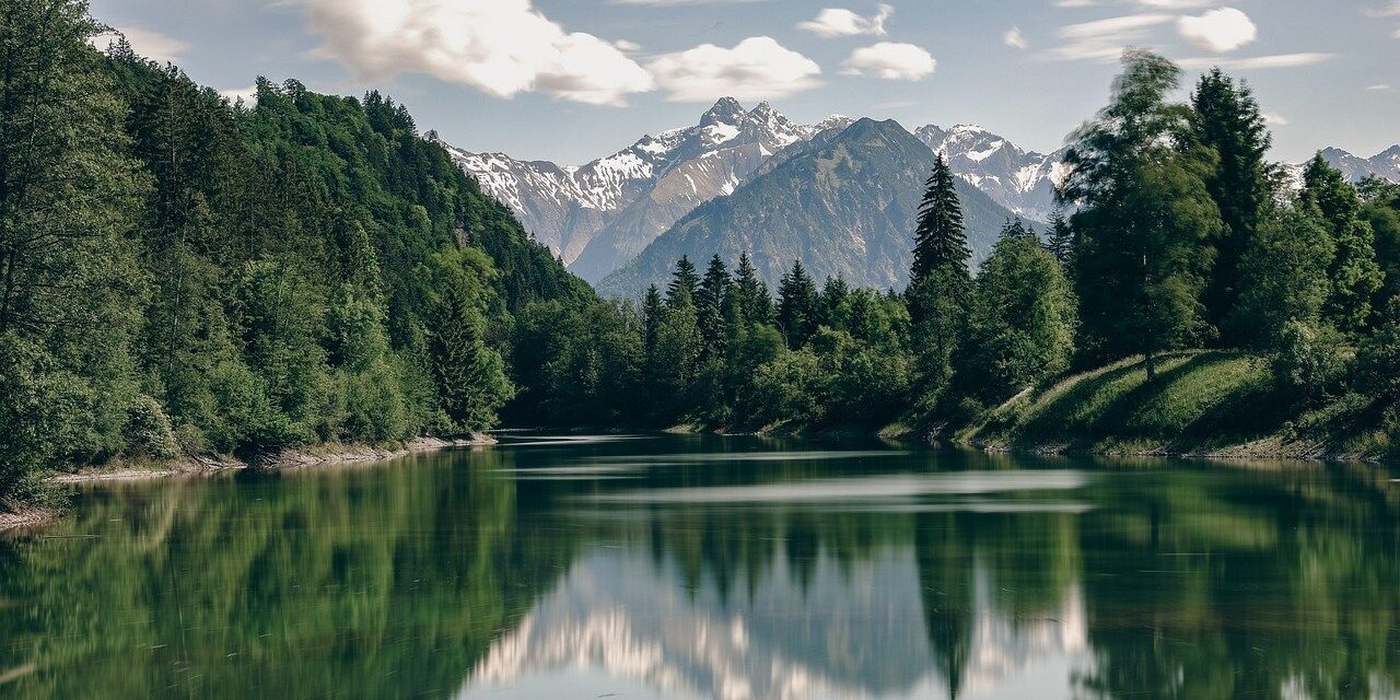 trees, mountains, alps, grass, long exposure, nature, calm, lake, summer, sun, sunny, forest, water, meadow, clouds, landscape
