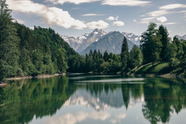 trees, mountains, alps, grass, long exposure, nature, calm, lake, summer, sun, sunny, forest, water, meadow, clouds, landscape