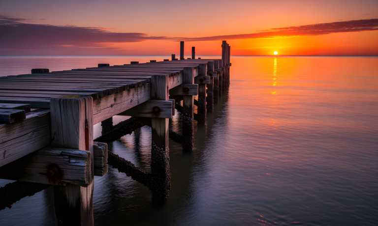 boardwalk, wooden bridge, web, sea, lake, wood, water, heaven, nature, bridge, landscape, clouds, sunset, ai generated