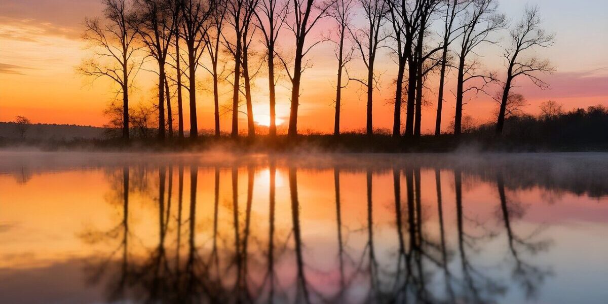 Photo by flutie8211 lake, nature, landscape, water, sunset, reflection, pond, peace, trees, clouds, sky, scenic, twilight, dusk, mist, fog, calm, relaxing, copy space, ai generated, greetinng card