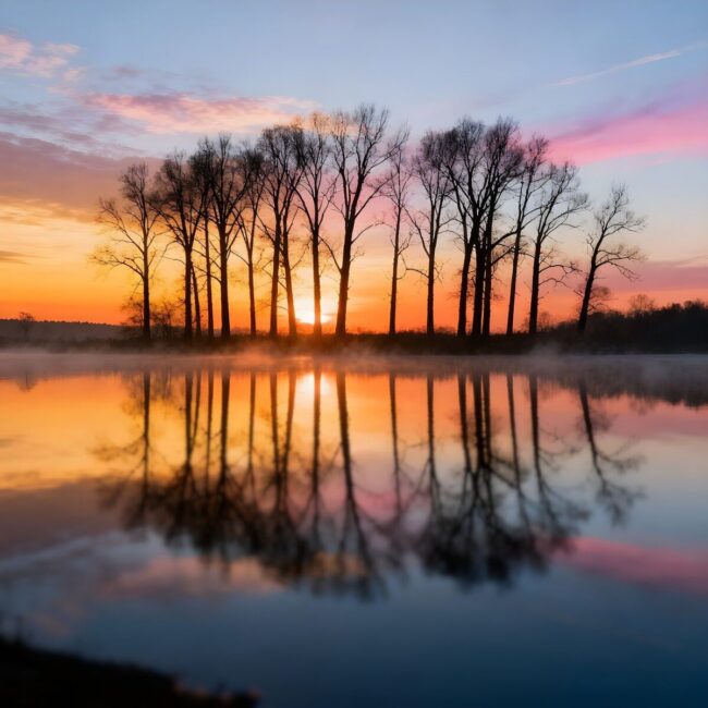 lake, nature, landscape, water, sunset, reflection, pond, peace, trees, clouds, sky, scenic, twilight, dusk, mist, fog, calm, relaxing, copy space, ai generated, greetinng card