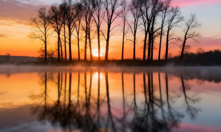 lake, nature, landscape, water, sunset, reflection, pond, peace, trees, clouds, sky, scenic, twilight, dusk, mist, fog, calm, relaxing, copy space, ai generated, greetinng card