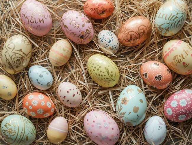 easter eggs, decoration, hand-painted, straw, spring, colorful, nature, traditional, holiday, celebration, craft, pattern design, beautiful, art, embellished, natural, hand-decorated, fantastic, artistic, aesthetic, creative