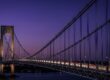 bridge, suspension, cable, nature, architecture, structure, night, twilight, purple sky, long exposure, light trails, river, water, traffic, highway, transportation, engineering, landmark, dusk, evening, infrastructure, dark, moody