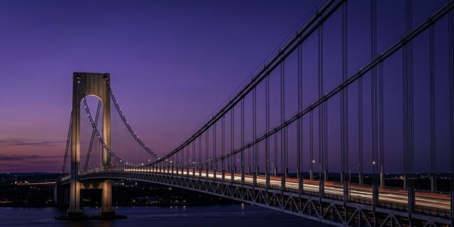 bridge, suspension, cable, nature, architecture, structure, night, twilight, purple sky, long exposure, light trails, river, water, traffic, highway, transportation, engineering, landmark, dusk, evening, infrastructure, dark, moody