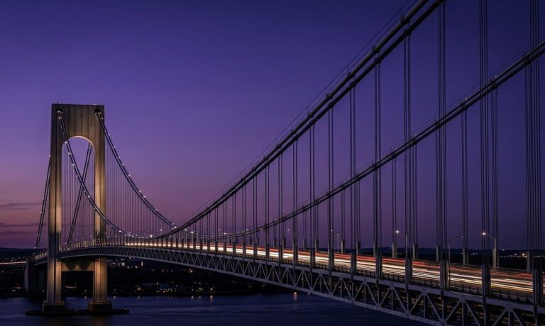 bridge, suspension, cable, nature, architecture, structure, night, twilight, purple sky, long exposure, light trails, river, water, traffic, highway, transportation, engineering, landmark, dusk, evening, infrastructure, dark, moody